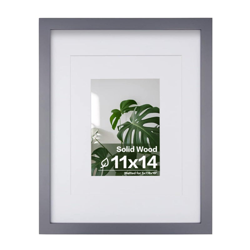 Egofine إطار صور إيغوفاين 11x14 لعرض الصور 5x7 / 8x10 مع مات أو 11x14 بدون مات مصنوع من الخشب الصلب ومغطى بالبلكسي جلاس لعرضه على الطاولة أو تعليقه على الحائط، رمادي داكن - Image 1